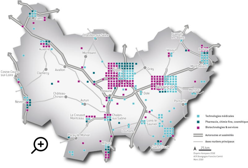 Carte Industries et Technologie de Santé en Bourgogne-Franche-Comté